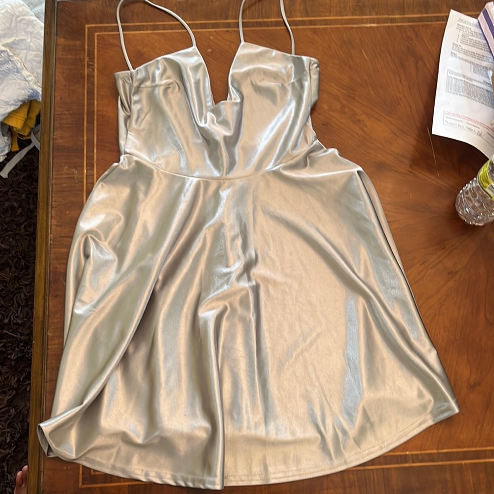 Silver dress. Never worn. Knee length.